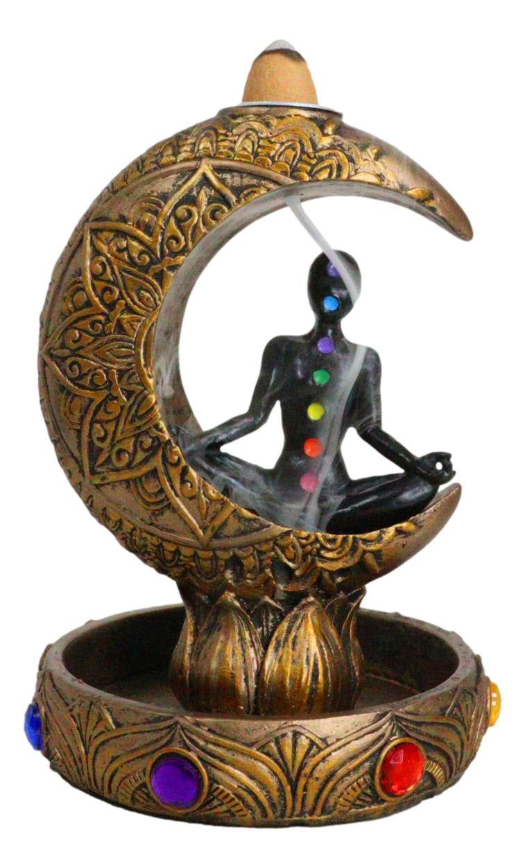 7 Chakra Gems Yoga Avatar Meditating On Crescent Moon Backflow Incense Holder