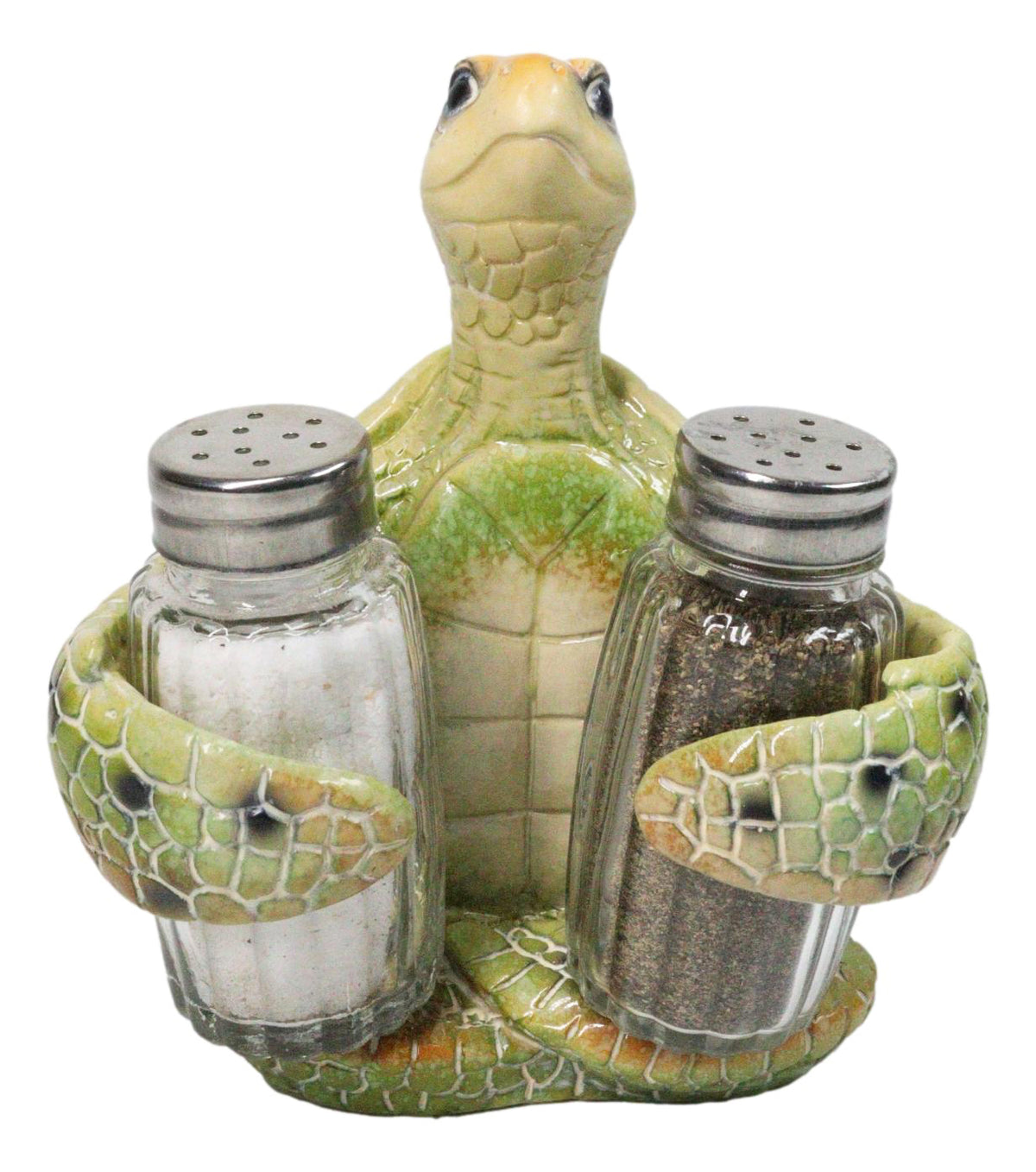 Marine Green Shell Sea Turtle Hugging Glass Salt Pepper Shakers Holder Figurine