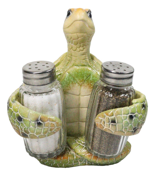 Marine Green Shell Sea Turtle Hugging Glass Salt Pepper Shakers Holder Figurine