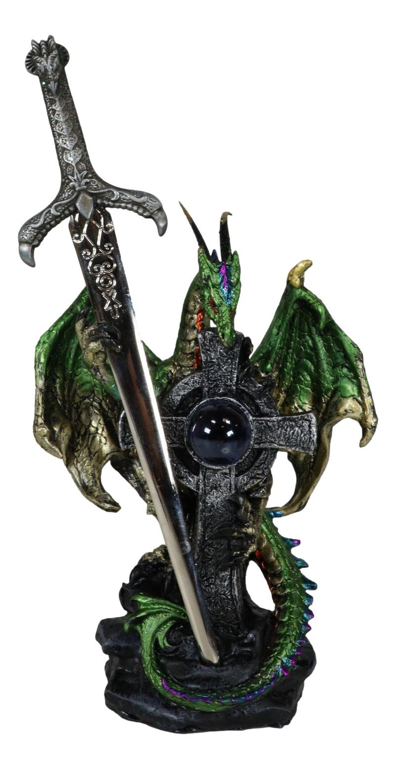 Green Druid Dragon With Celtic High Cross & Gothic Sword Letter Opener Figurine