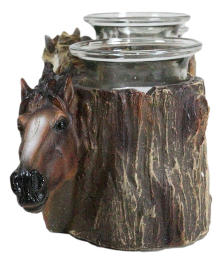 Rustic Western 3 Brown White Horses By Tree Logs Triple Votives Candle Holder