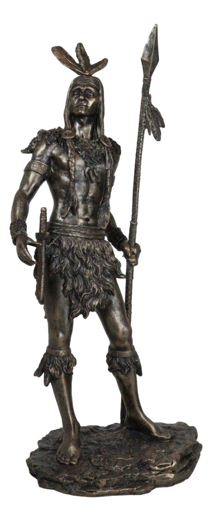 19" H Native American Indian Tribal Warrior Hunter Chief Holding Spear Figurine