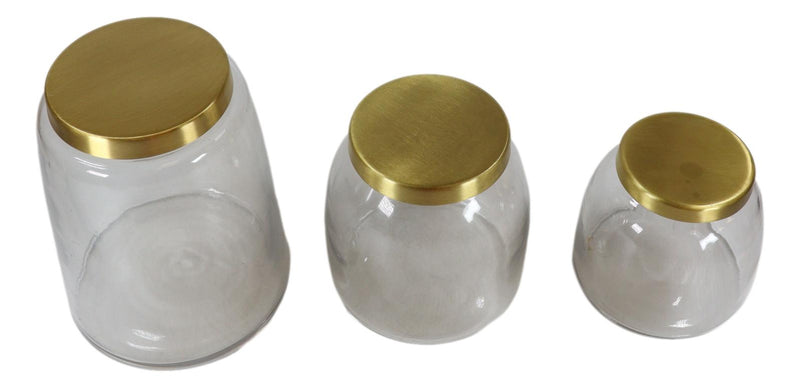 Set of 3 Clear Glass Canister Make Up Seashells Sand Storage Jars With Gold Lids