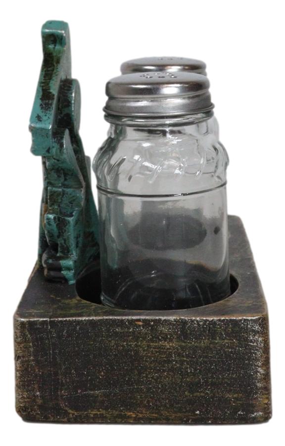 Rustic Vintage Oil Derrick Rig Pump Glass Salt And Pepper Shakers Holder Decor