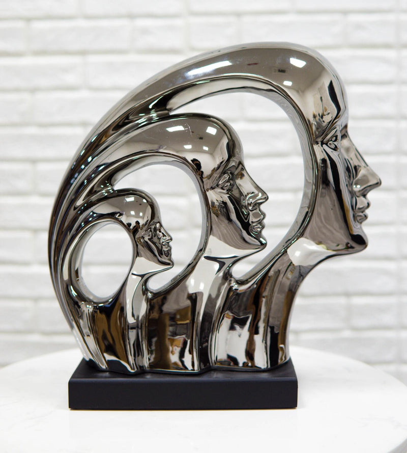 Silver Plated Ceramic Abstract Modern Gallery Art 3 Faces Family Unit Figurine