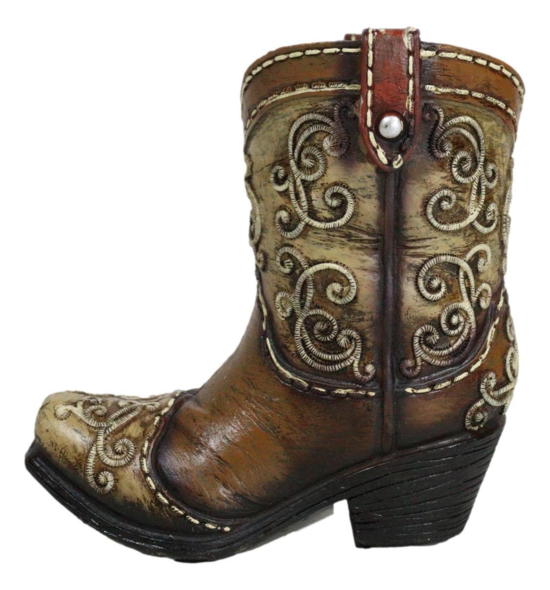 Rustic Western Cowboy Cowgirl Boot Faux Tooled Leather Scrollwork Pen Holder