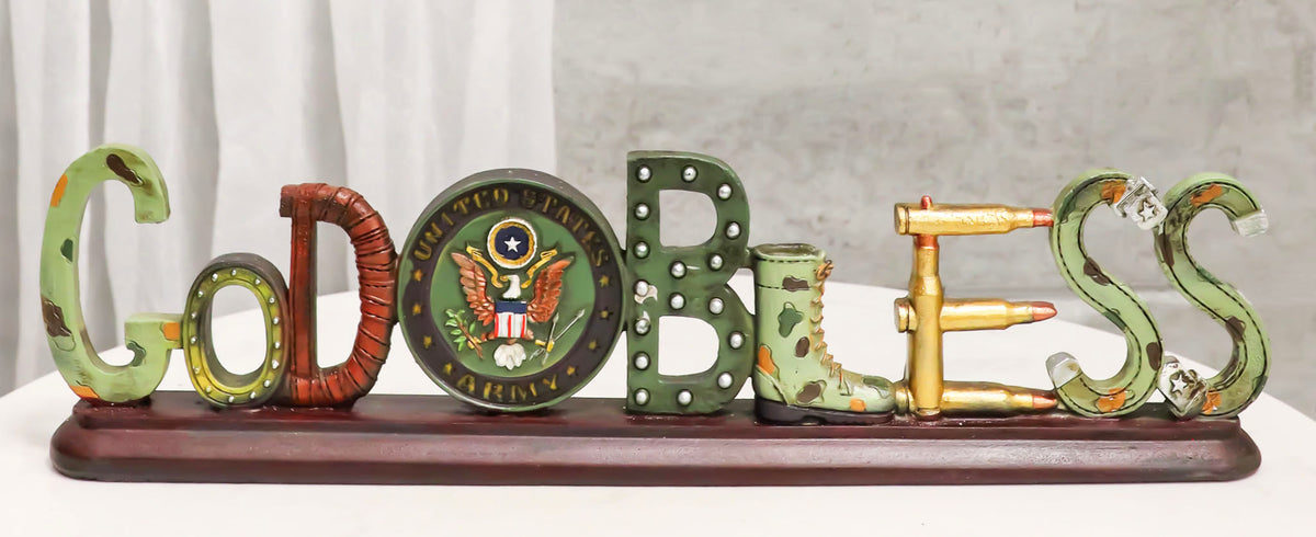 US Army Military Eagle Emblem Bullets And Camo Boots God Bless Word Art Plaque