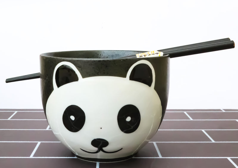 Whimsical Ceramic Black Giant Panda Bear Ramen Noodle Bowl With Chopsticks Set