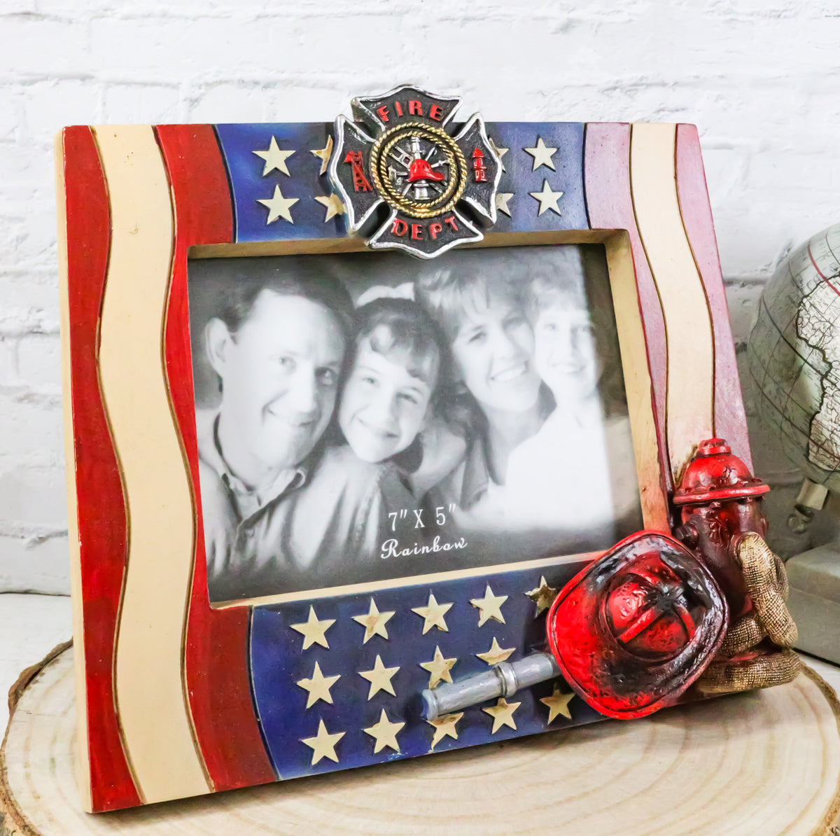 Patriotic Maltese Cross Fireman Helmet Hose Fire Hydrant USA Flag Picture Frame - Ebros Gift