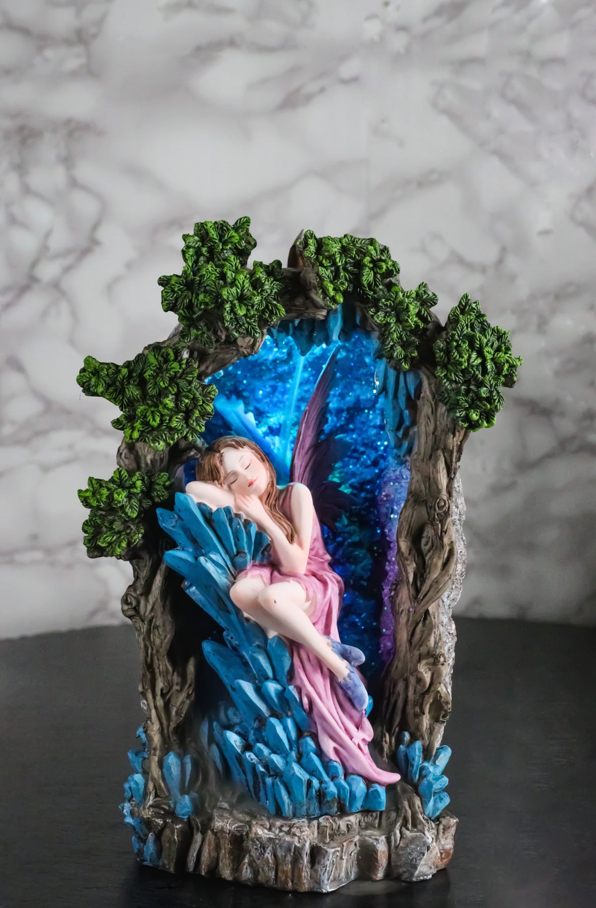 Sleeping Pink Fairy On Blue Crystals Enchanted Tree LED Backflow Incense Burner