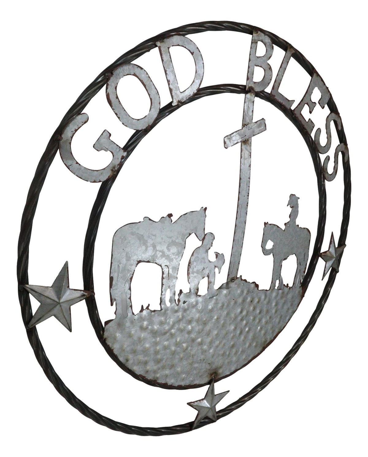 Large 24" Rustic Western Praying Cowboy Cowgirl God Bless Metal Wall Circle Sign
