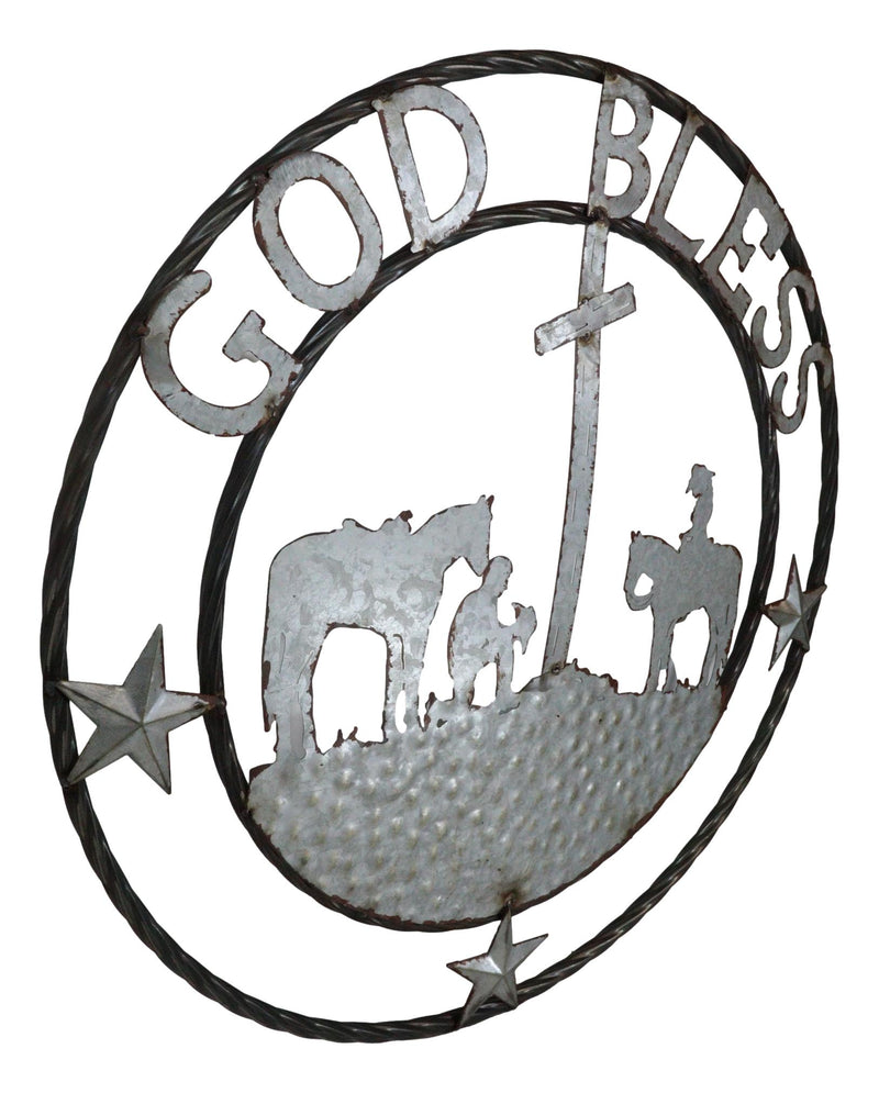 Large 24" Rustic Western Praying Cowboy Cowgirl God Bless Metal Wall Circle Sign
