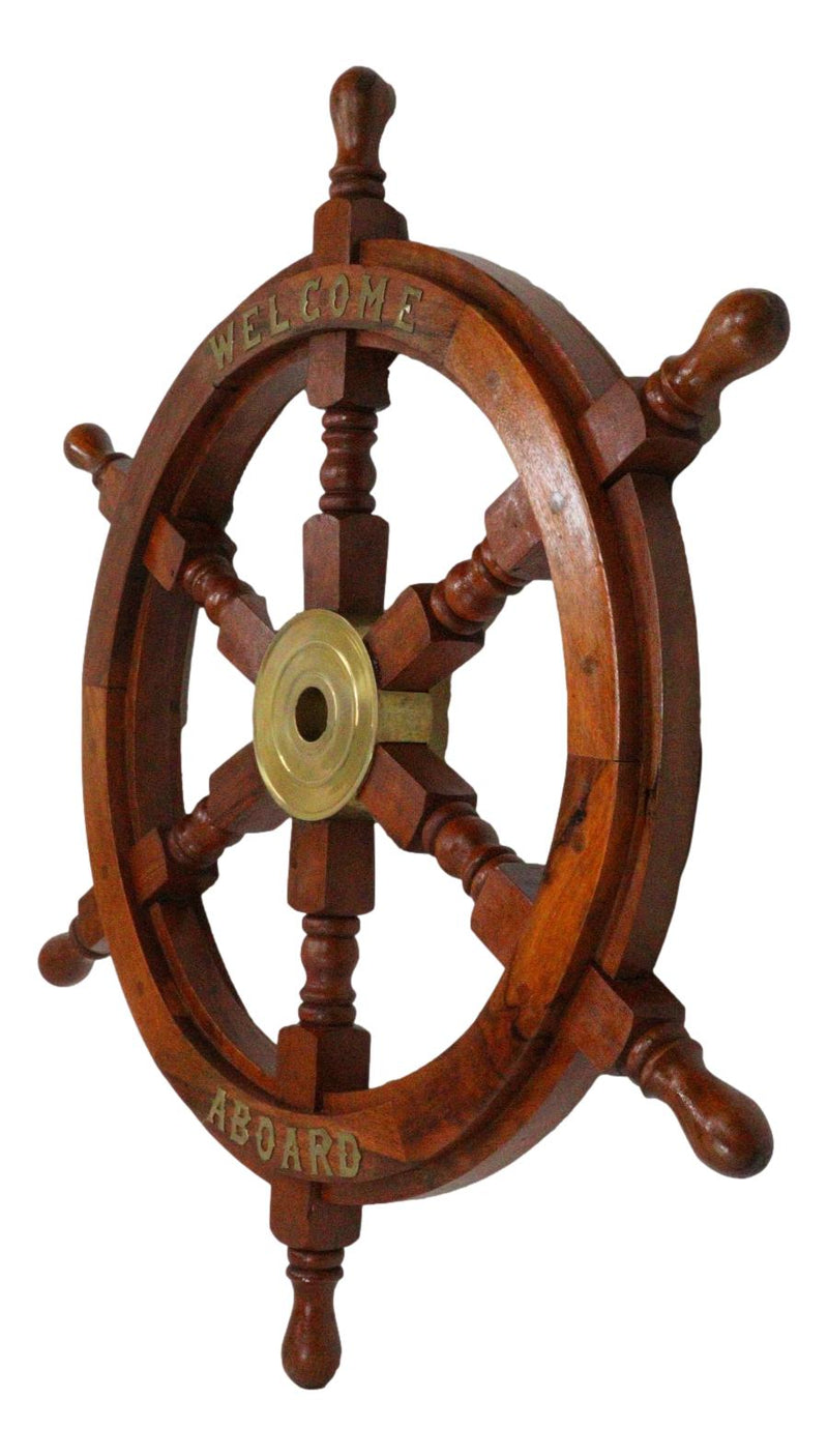 Nautical Marine Vintage Wood Brass Ship Steering Helm Boat Wheel Wall Decor 23"D