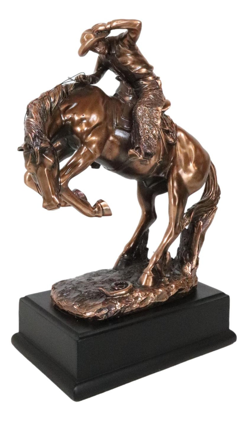 Rustic Western Rodeo Cowboy On A Rearing Horse Bronzed Resin Statue