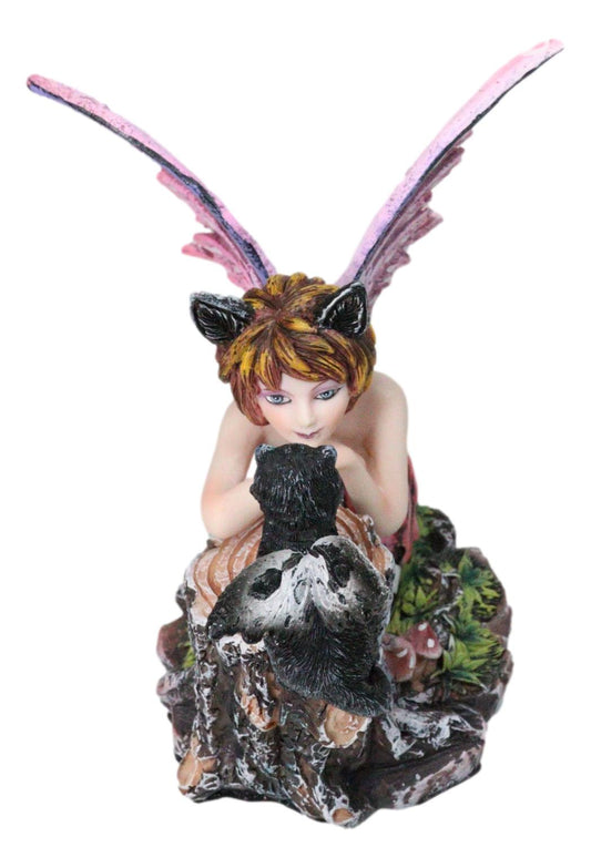 Tribal Autumn Girl Fairy with Red Hair Talking with Winged Black Cat Figurine