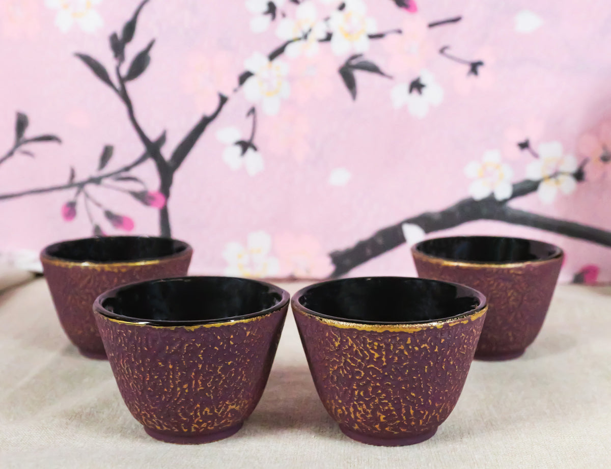 Pack Of 4 Burgundy Red With Gold Cast Iron Tetsubin Textured Tea Cups 3oz