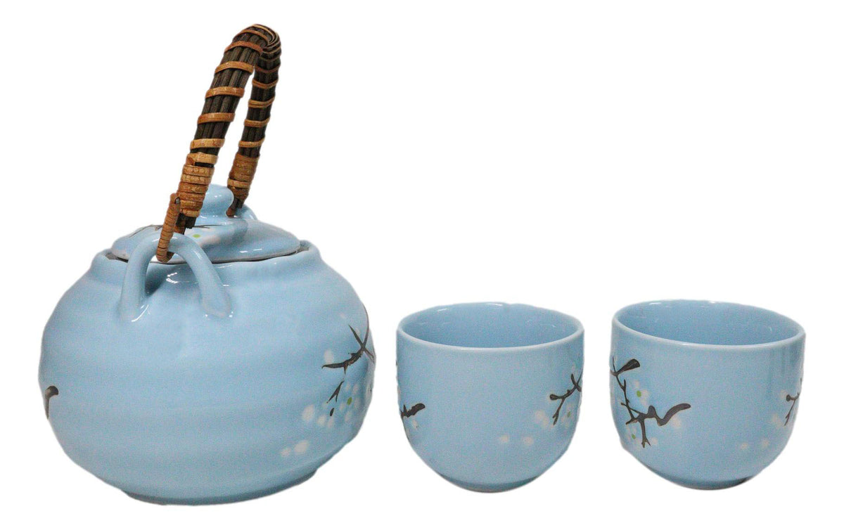Blue Japanese Sakura Cherry Blossom Ceramic Tea Pot And 2 Cups Set Bamboo Handle