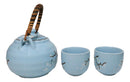 Blue Japanese Sakura Cherry Blossom Ceramic Tea Pot And 2 Cups Set Bamboo Handle