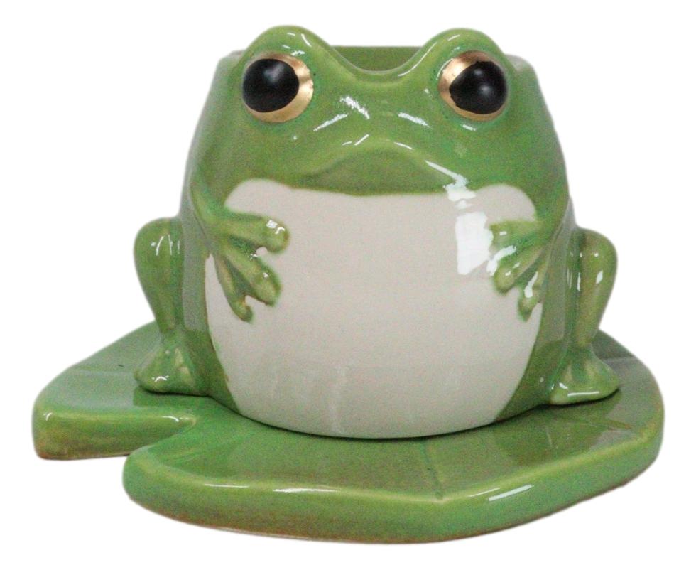 Whimsical Green Toad Frog On Lily Pad Ceramic Essential Oil Warmer Candle Holder - Ebros Gift