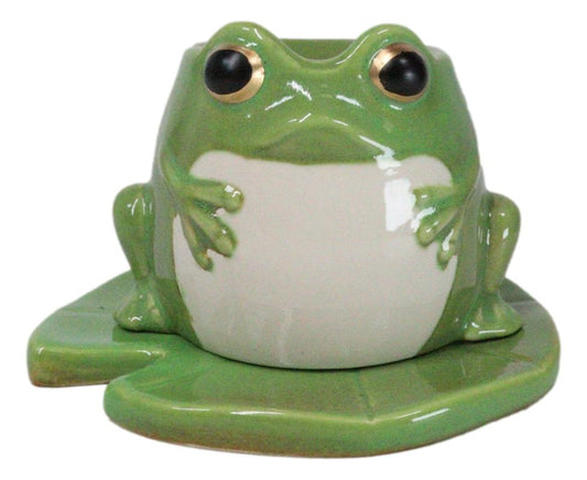 Whimsical Green Toad Frog On Lily Pad Ceramic Essential Oil Warmer Candle Holder - Ebros Gift