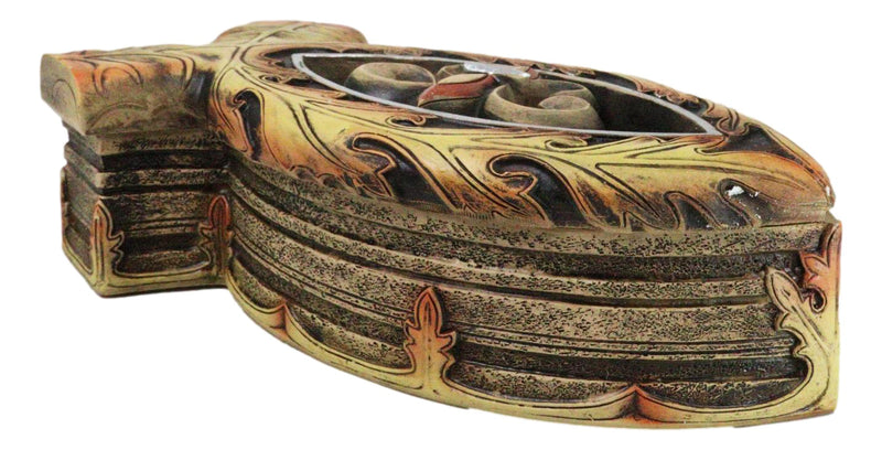 Faux Wood Jesus Fish Ichthys With Fleur De Lis Cross Decorative Trinket Box