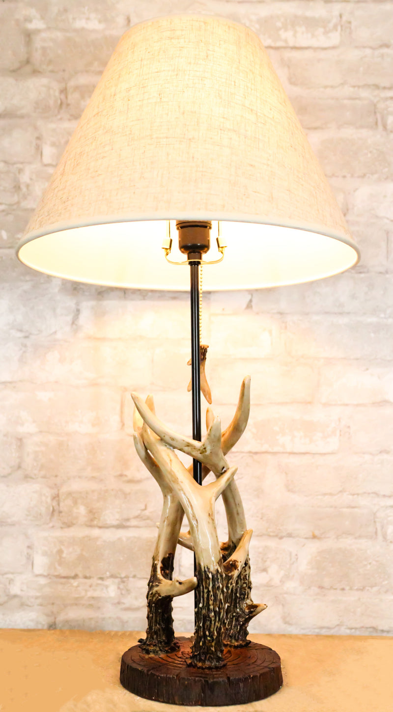 Rustic Western Entwined Stag Deer Antlers On Tree Ring Table Lamp With Shade