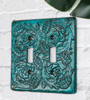 Set of 2 Western Tooled Floral Lace Turquoise Wall Double Toggle Switch Plates