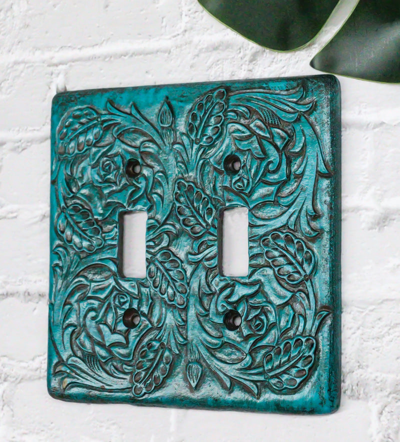Set of 2 Western Tooled Floral Lace Turquoise Wall Double Toggle Switch Plates