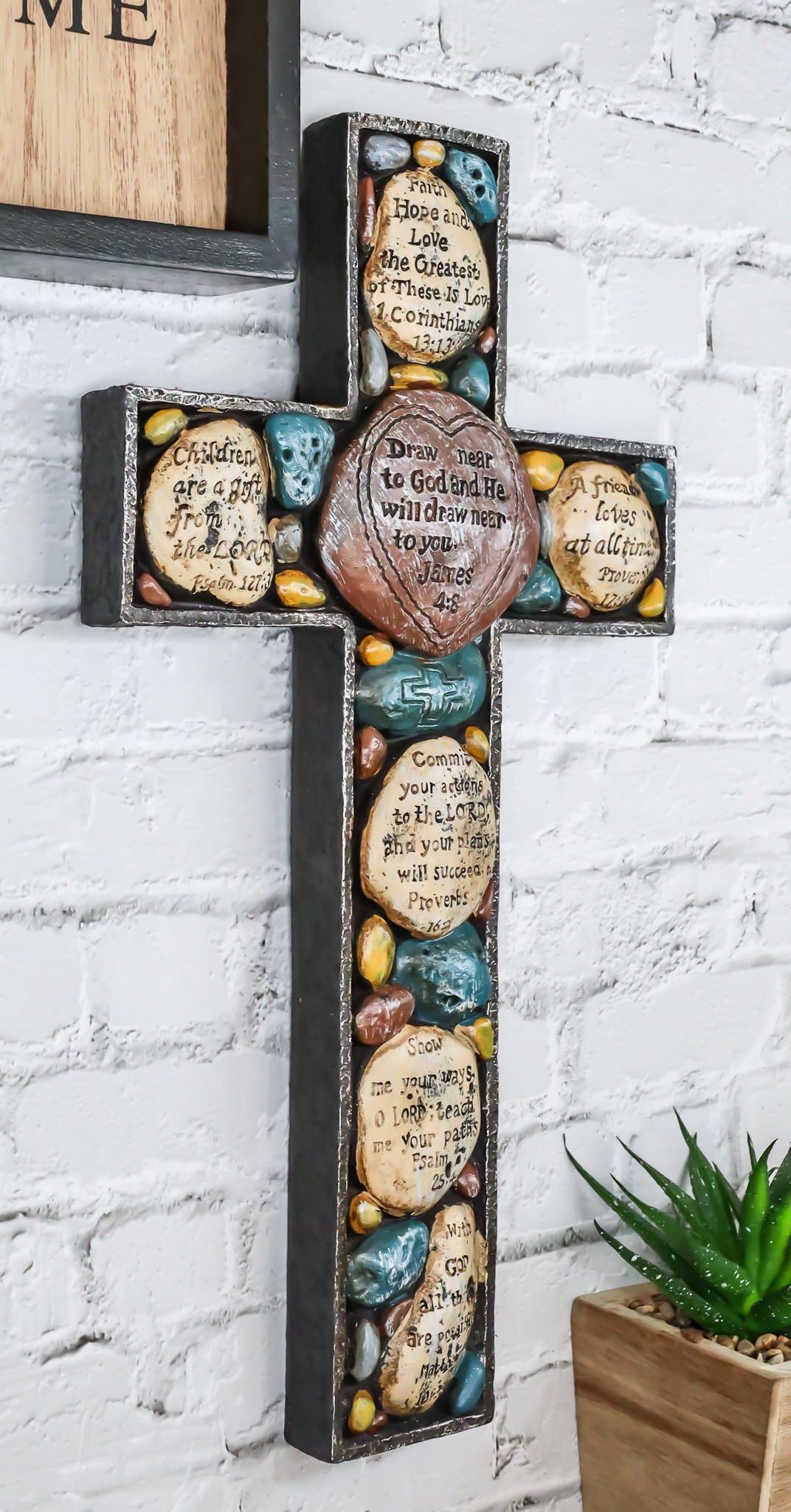 Rustic Western Colorful Pebbles With Bible Scriptures Faith Hope Love Wall Cross