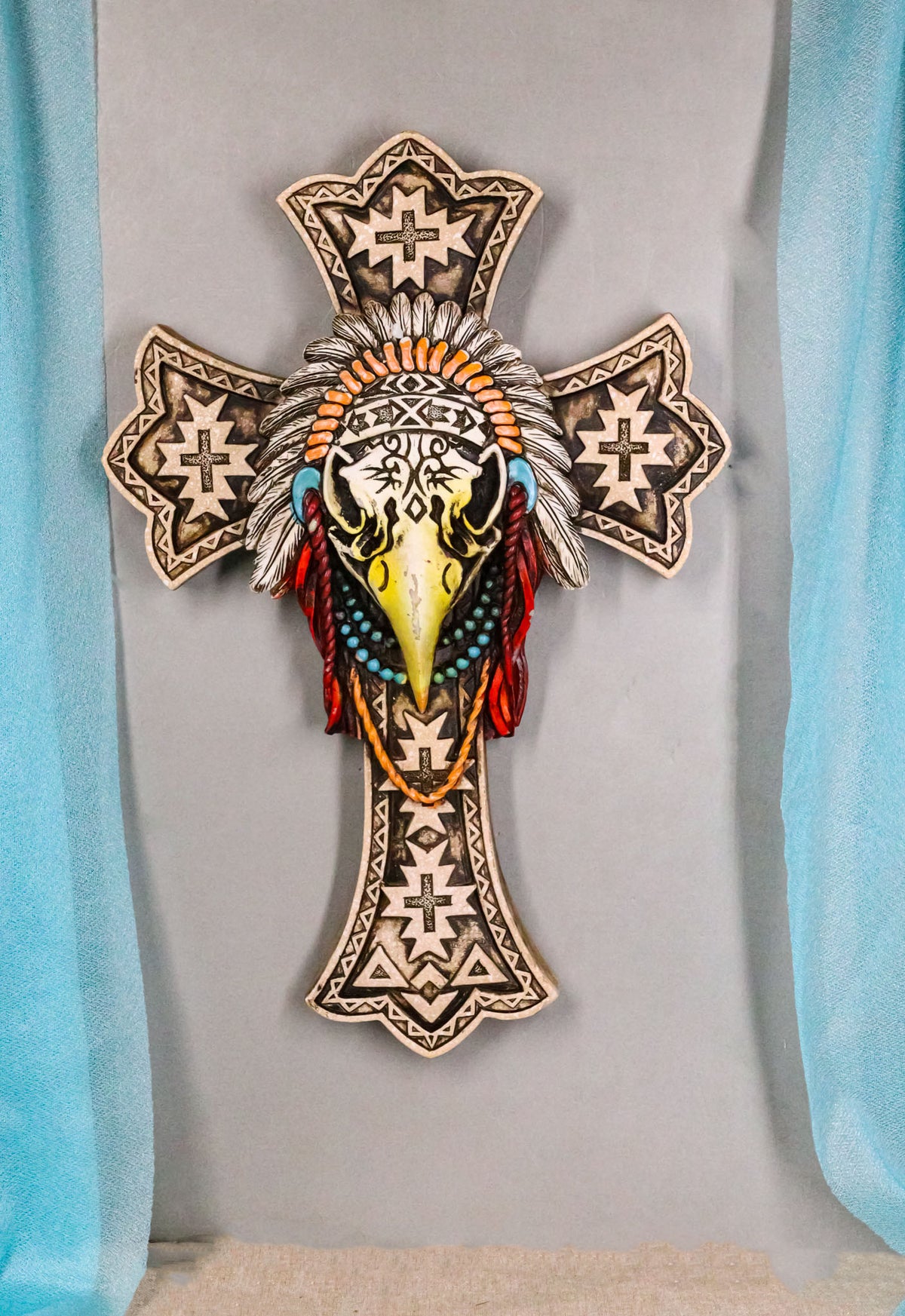Southwestern Rustic Native Tribal Raven Crow Skull Headdress Roach Wall Cross