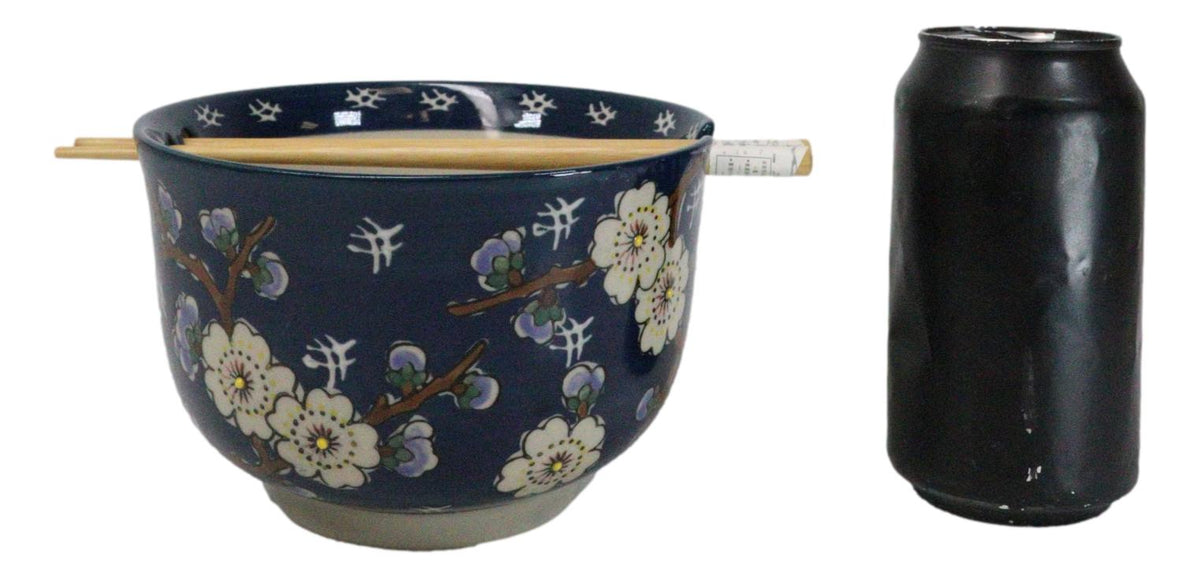 Midnight Blue Plum Blossoms Large 24Oz Donburi Ramen Bowl With Chopsticks Set