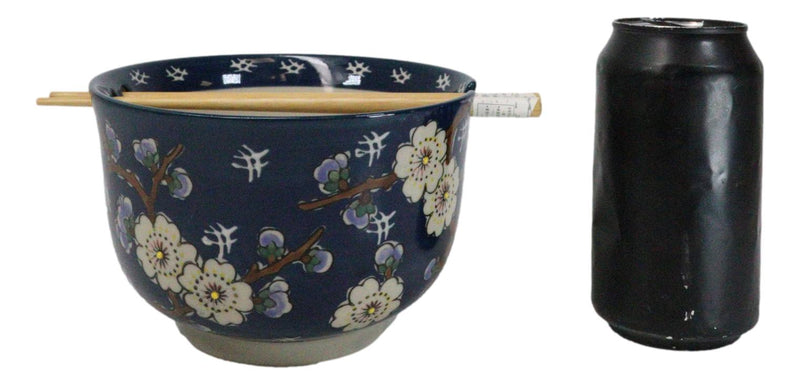 Midnight Blue Plum Blossoms Large 24Oz Donburi Ramen Bowl With Chopsticks Set