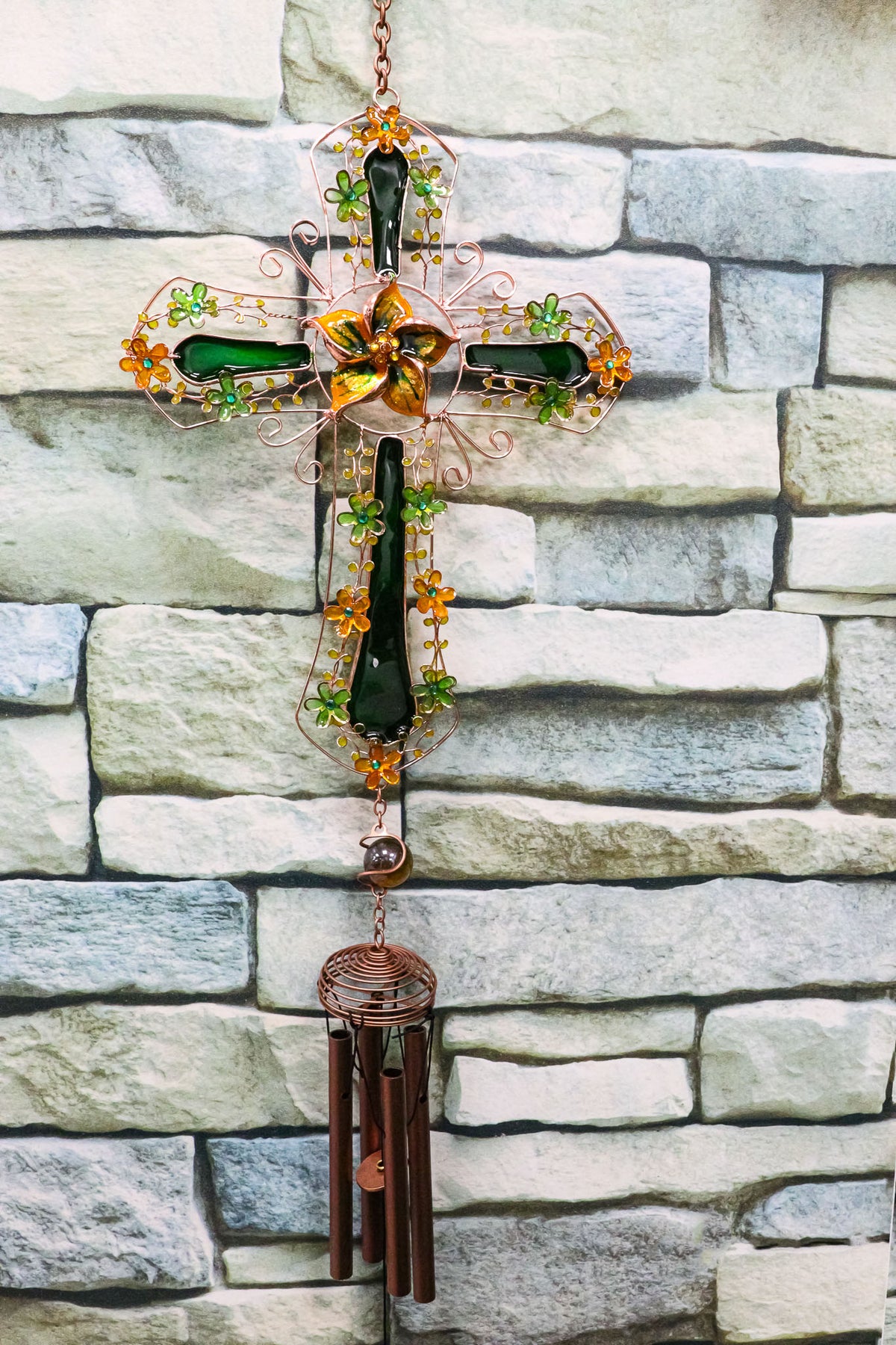 Green Floral Shamrock Cross with Gemstones Metal Scroll Filigree Wind Chime 31"H