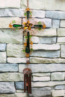 Green Floral Shamrock Cross with Gemstones Metal Scroll Filigree Wind Chime 31"H