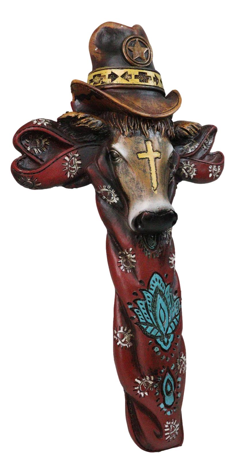 Colorful Southwestern Cowboy Bull with Sheriff Hat and Floral Design Wall Cross