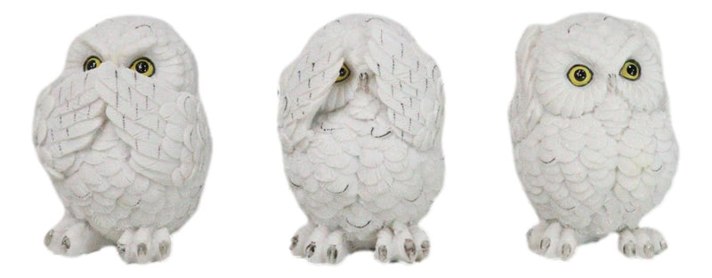 Wisdom Of The Forest See Hear Speak No Evil White Snowy Owls Mini Figurines Set