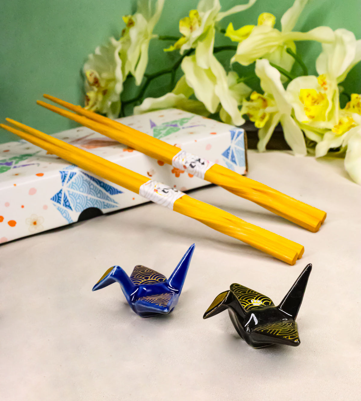 Blue And Black Seigaiha Artful Cranes Set of 2 Chopsticks And Ceramic Rests Set