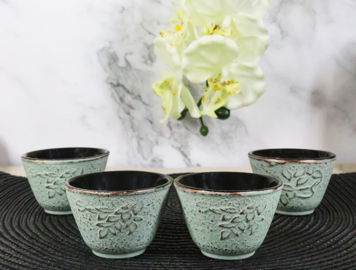 Pack Of 4 Seafoam Green Floral Petals Cast Iron Tetsubin Textured Tea Cups 3oz