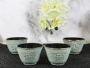 Pack Of 4 Seafoam Green Floral Petals Cast Iron Tetsubin Textured Tea Cups 3oz