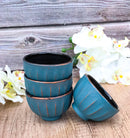 Blue Gold Ridged Lines Japanese Tetsubin Style Cast Iron Tea Cups Set of 4