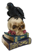 Raven Crow Perching On Skull With LED Eyes And Spell Books Of Prophecy Figurine