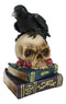 Raven Crow Perching On Skull With LED Eyes And Spell Books Of Prophecy Figurine