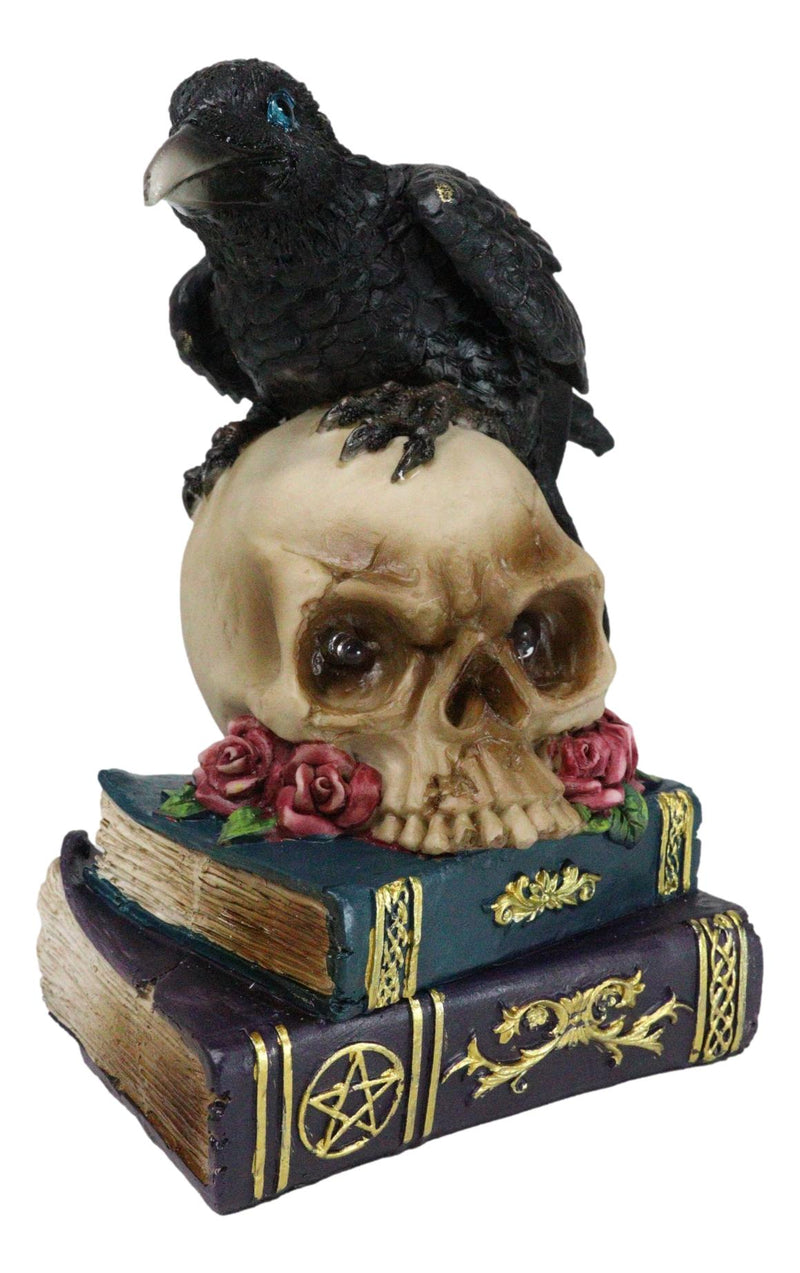 Raven Crow Perching On Skull With LED Eyes And Spell Books Of Prophecy Figurine