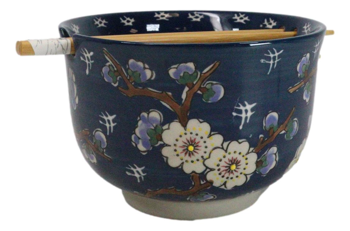 Midnight Blue Plum Blossoms Large 24Oz Donburi Ramen Bowl With Chopsticks Set