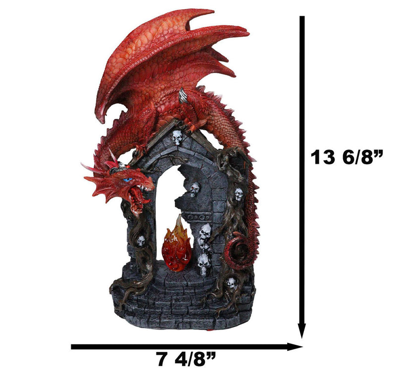 Medieval Red Dragon On Gothic Cathedric Tomb With Skulls LED Fire Flame Figurine