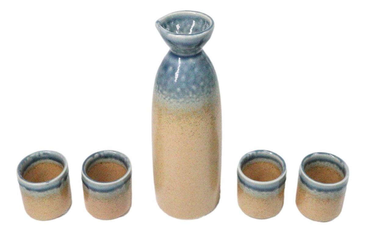 Blue Brown River Ao Nagashi Porcelain Sake Carafe Flask 9oz & 4 Ochoko Cups Set