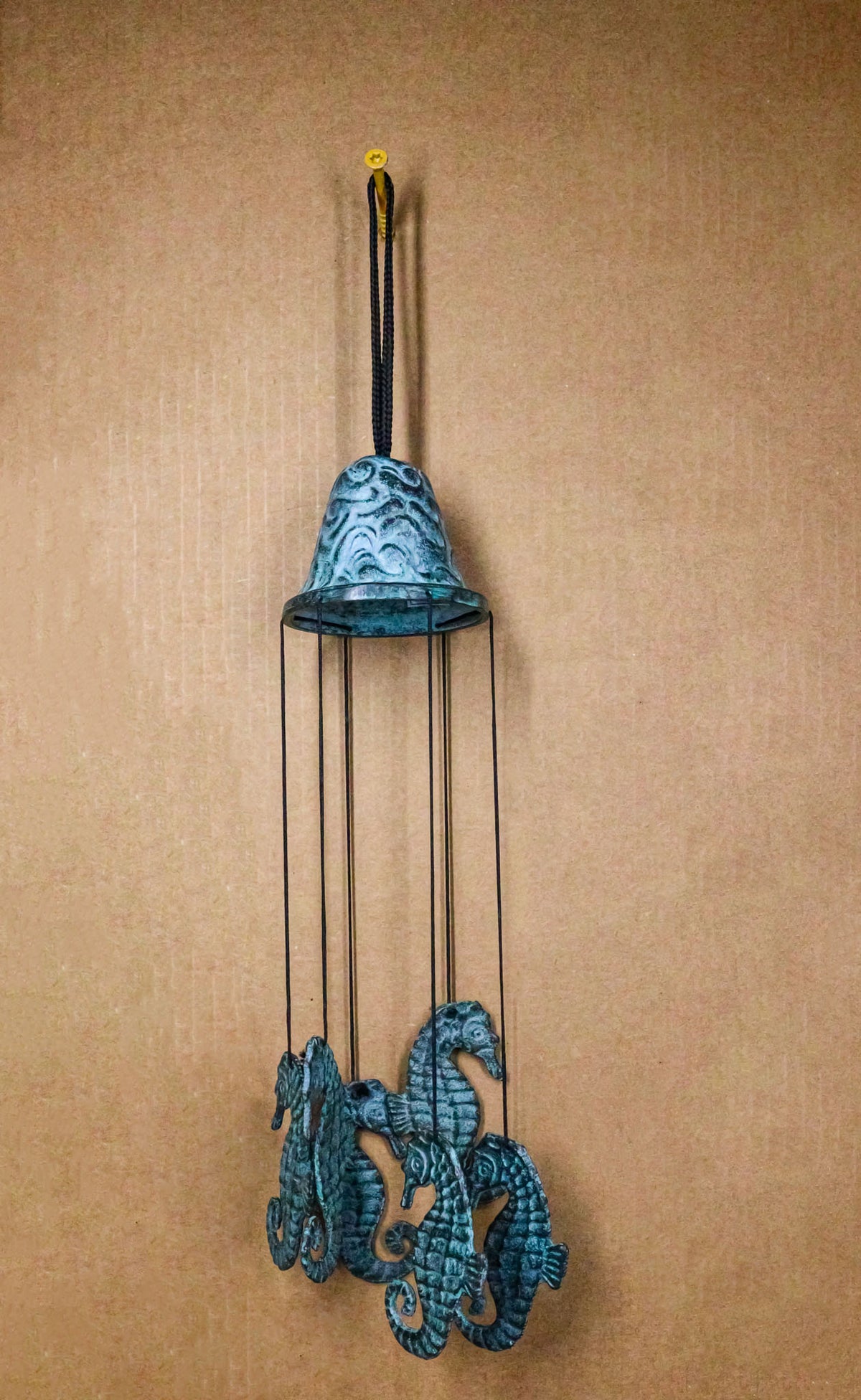 Verdigris Distressed Brass Metal Nautical Bell With Marine Seahorses Wind Chime