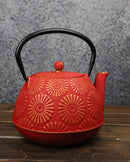 Red Gold Kiku Chrysanthemum Floral Design Large Cast Iron Tetsubin Teapot 40oz