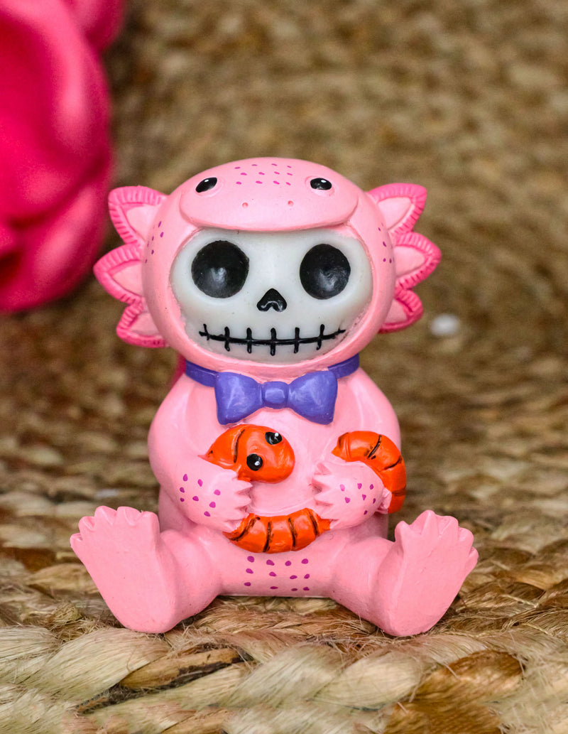 Furrybones Cute Pink Loti The Axolotl Holding Worm Skeleton Figurine Furry Bones