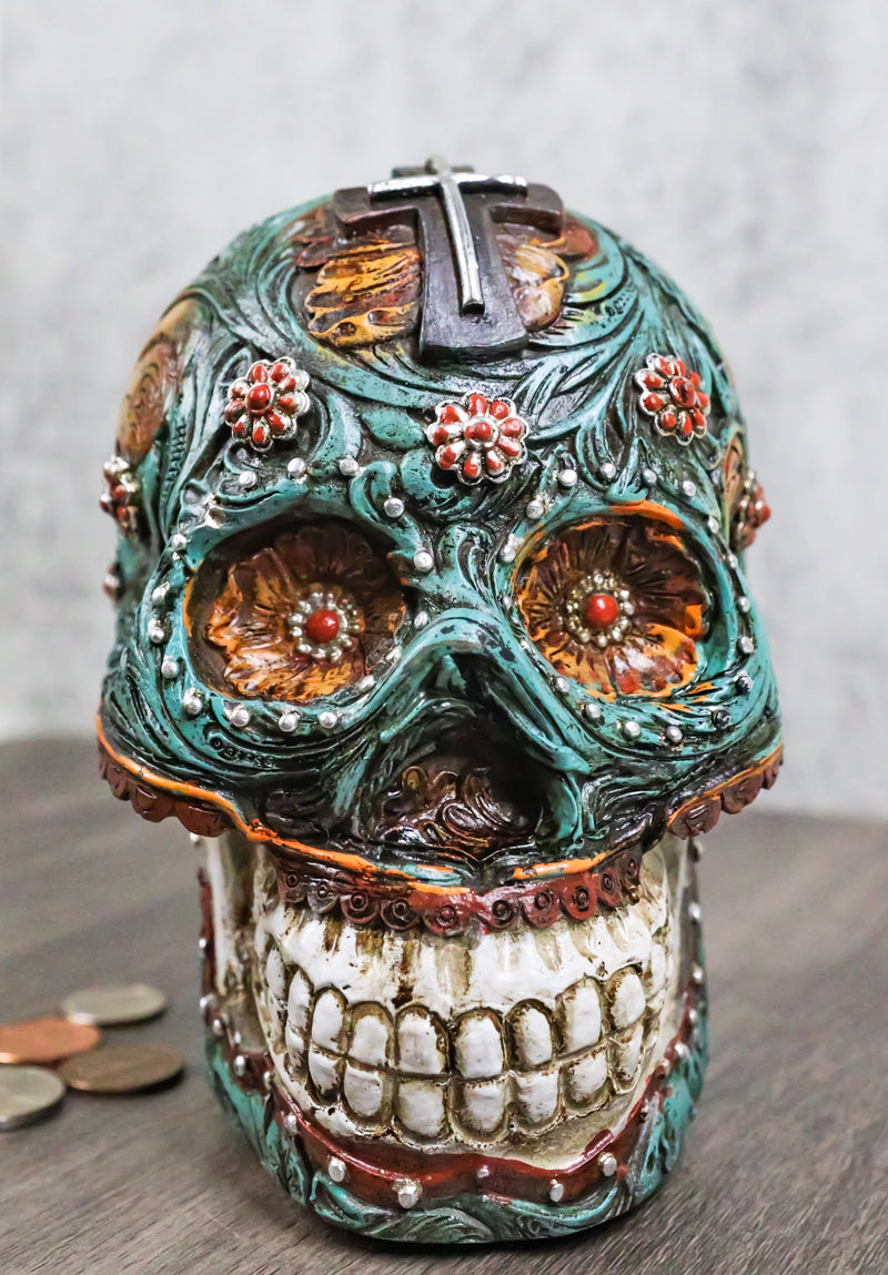 Faux Leather Turquoise Floral Scrollwork with Layered Cross Skull Money Bank